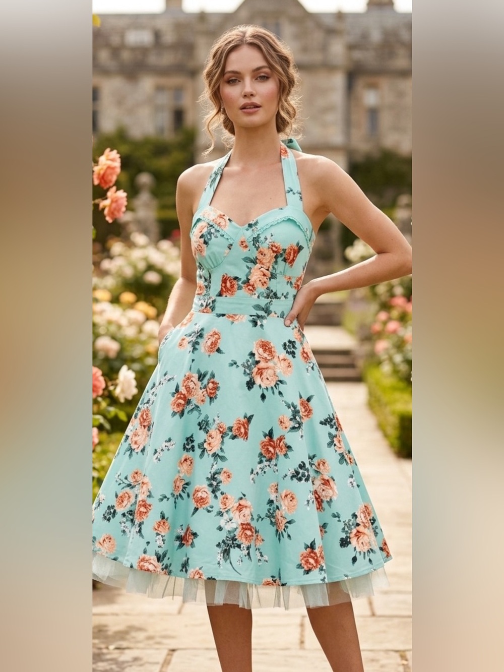 Hot Topic Mint Floral Halter Fit-and-Flare Midi Dress